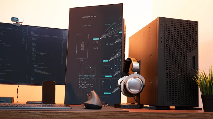 ALTERNATE Workstation AI op bureau met dual monitors, neuraal netwerk visualisatie en code