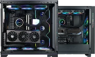 Twee ALTERNATE gaming pc's met watercooling en RGB-verlichting van binnenuit