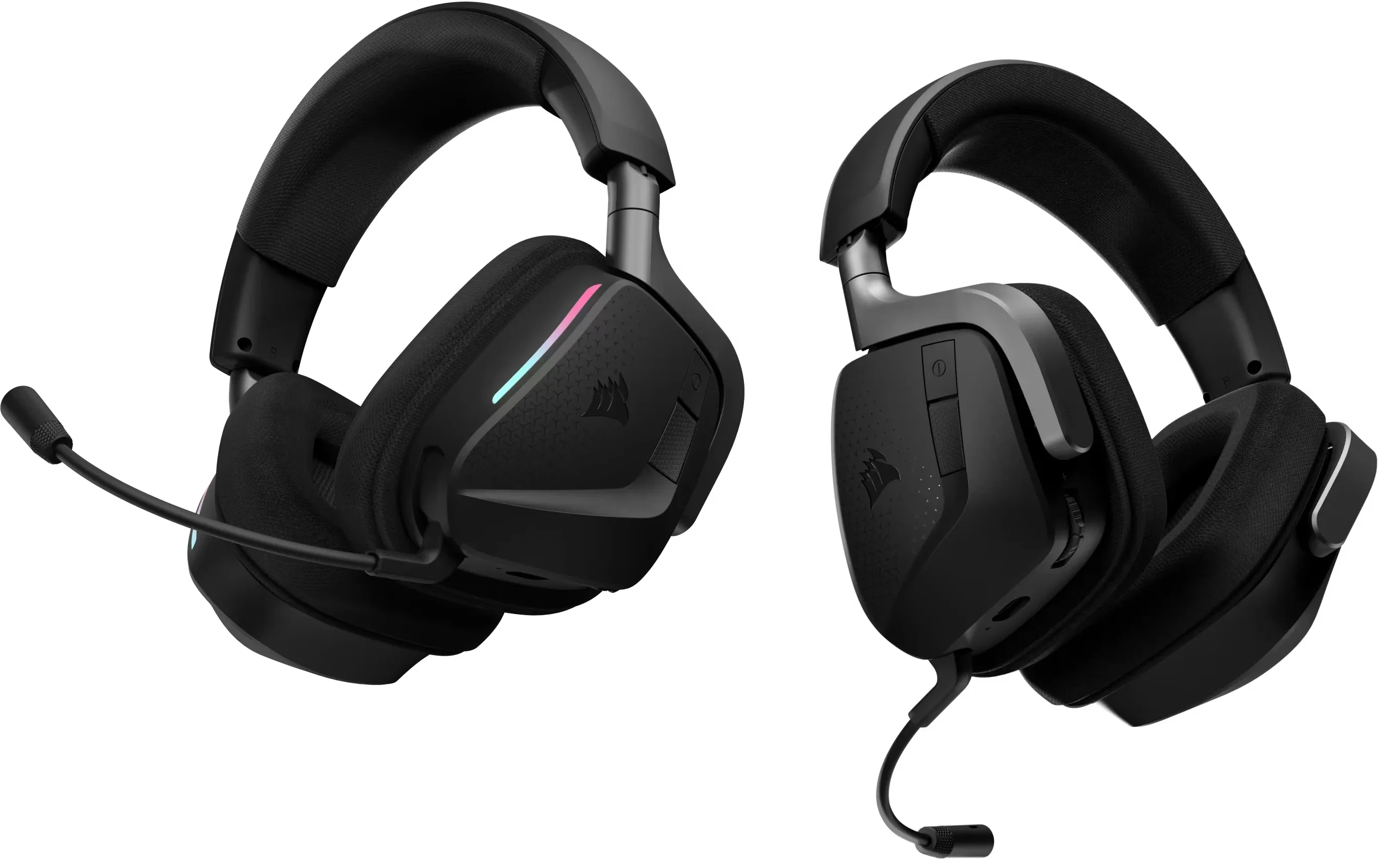 Twee Corsair gaming headsets met microfoon en RGB-verlichting