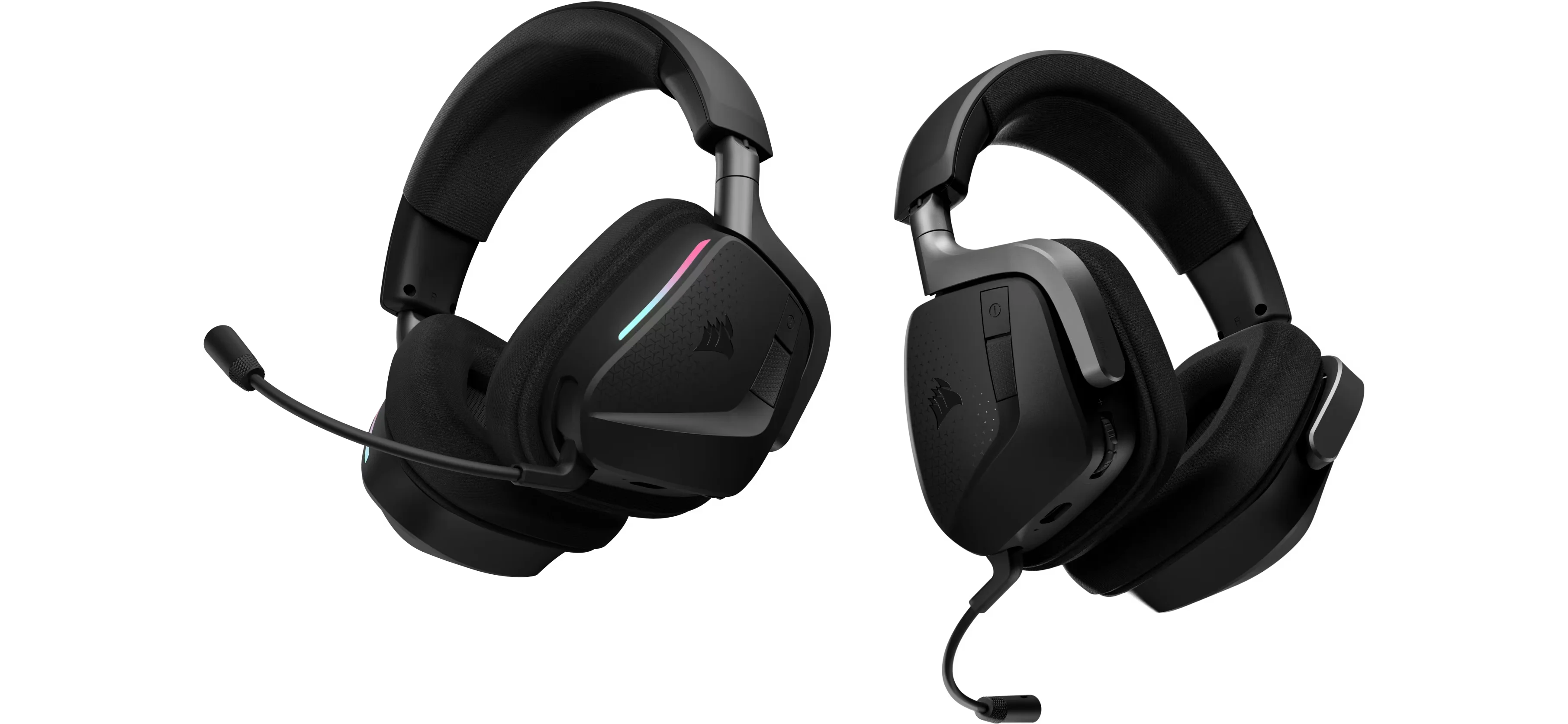 Twee Corsair gaming headsets met microfoon en RGB-verlichting