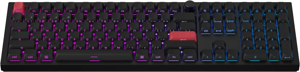 Keychron mechanisch toetsenbord met ingeschakelde paarse en blauwe RGB-verlichting