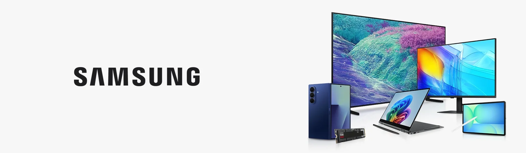 Samsung productoverzicht met smartphone, tablet, monitoren, SSD en laptop