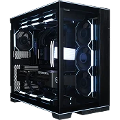 Premium zwarte Lian Li gaming pc met glazen behuizing en RGB-verlichting