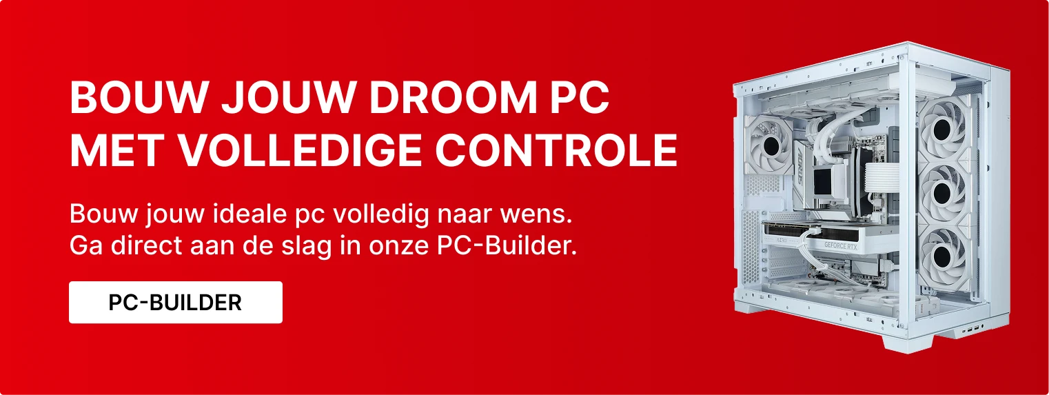 Zwarte banner met drie open high-end gaming pc’s met zichtbare grafische kaarten en waterkoeling, met de tekst ‘Zelf bouwen? Of laten bouwen? – Meer info
