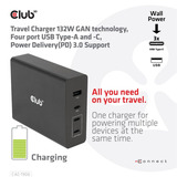 Club 3D Travel Charger 132W GAN technology Zwart, USB-A, USB-C, Power Delivery (PD) 3.0