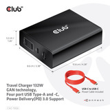 Club 3D Travel Charger 132W GAN technology Zwart, USB-A, USB-C, Power Delivery (PD) 3.0