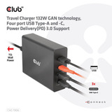 Club 3D Travel Charger 132W GAN technology Zwart, USB-A, USB-C, Power Delivery (PD) 3.0
