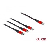 DeLOCK 3-in-1 USB-oplaadkabel - USB-C naar Lightning + Micro-USB + USB-C Zwart/rood, 0,3 meter