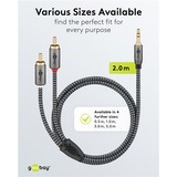 goobay Plus 3,5 mm jack naar 2x stereo RCA (Tulp) adapterkabel Zwart/zilver, 2 meter