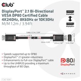 Club 3D DisplayPort 2.1 Bi-Directional VESA DP80 Certified Kabel 4K 240 Hz Zwart, 1,2 meter