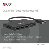 Club 3D DisplayPort Quad Monitor Hub MST 4x 4K30Hz displayport splitter Zwart