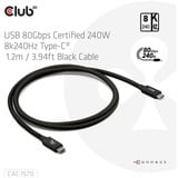 Club 3D Gecertificeerde USB-C kabel Zwart, 1,2 meter, 8K, 240 W