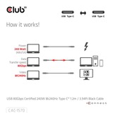 Club 3D Gecertificeerde USB-C kabel Zwart, 1,2 meter, 8K, 240 W
