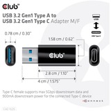 Club 3D USB-A 3.2 Gen 1 naar USB-C 3.2 Gen 1 adapter Zwart