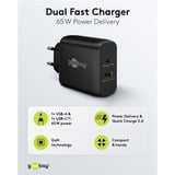 goobay 65W GaN USB-C PD Dual snellader Zwart, 1x USB-C, 1x USB-A