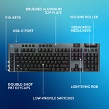 Logitech G915 X LIGHTSPEED Low-Profile Wireless Gaming Keyboard Zwart, US-International lay-out (QWERTY), GL Tactile, 100%, Double-Shot PBT, RGB, LIGHTSPEED draadloos / Bluetooth / USB-C
