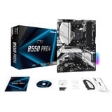 ASRock B550 Pro4 socket AM4 moederbord Zwart/zilver, RAID, Gb-LAN, Sound, ATX