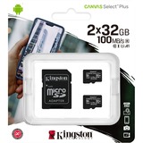 Kingston Canvas Select Plus microSD Card 32 GB - 2-pack geheugenkaart Zwart, 2 stuks, SDCS2/32GB-2P1A, Class 10 UHS-I A1, Incl. Adapter
