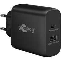 goobay 45W GaN USB-C PD Dual snellader Zwart, 1x USB-C, 1x USB-A