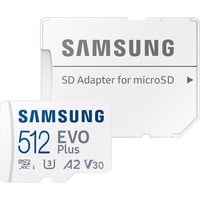 Samsung EVO Plus 512 GB microSDXC geheugenkaart Wit, U3, V30, A2, Incl. SD-Adapter