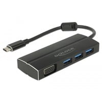 DeLOCK USB-C 3.1 > 3x USB-A 3.0 + 1x VGA usb-hub Zwart, 0,15 meter
